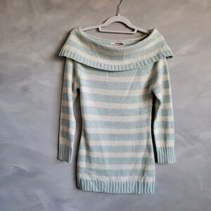 Bongo Fold-Over Cowl Neck Striped Tunic Sweater Icy Blue Shimmer Small NWOT